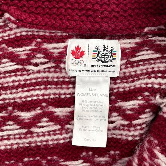 Hudson’s Bay Womens Jacket Full Zip Fair Isle Lambswool Red White Size Medium - Picture 3 of 6